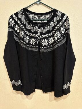Talbots Women’s Black & White Fair Isle Button-Front Sweater — Size L Petite